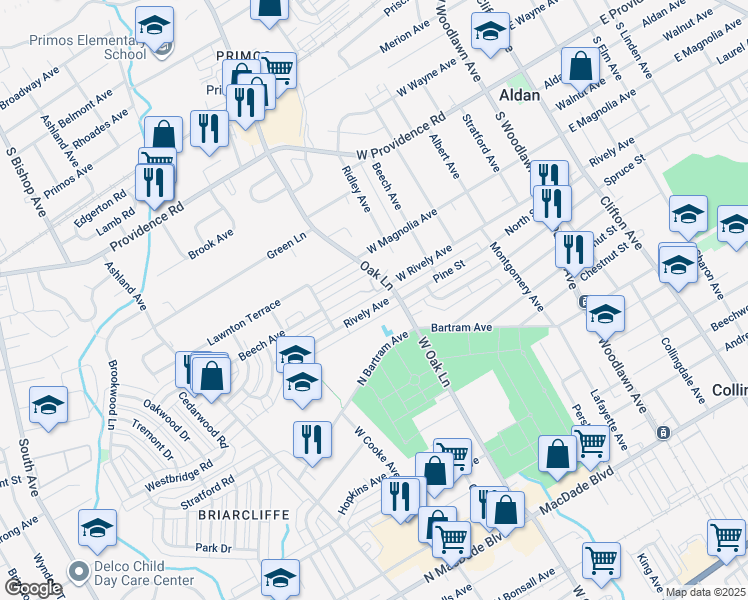map of restaurants, bars, coffee shops, grocery stores, and more near 623 Rively Avenue in Glenolden