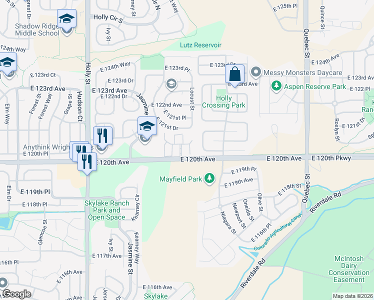 map of restaurants, bars, coffee shops, grocery stores, and more near 12036 Monaco Street in Brighton