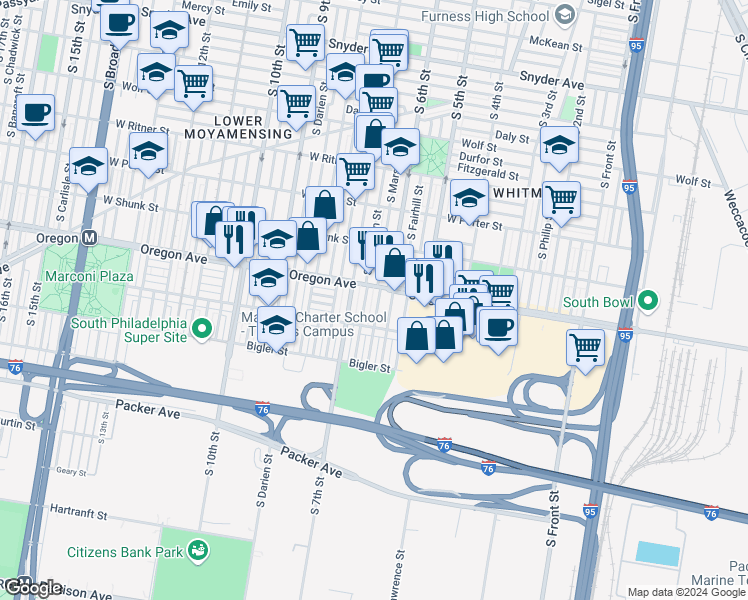 map of restaurants, bars, coffee shops, grocery stores, and more near 2714 South Marshall Street in Philadelphia