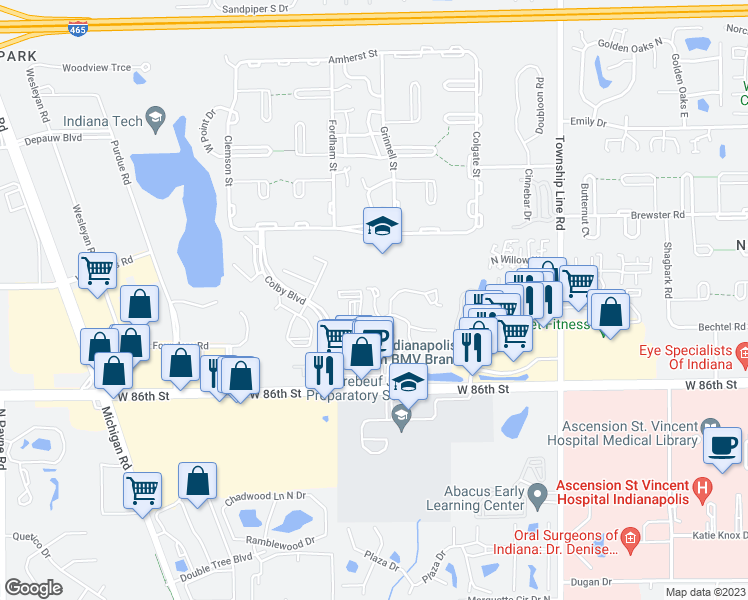 map of restaurants, bars, coffee shops, grocery stores, and more near 8818 Running Creek Court in Indianapolis