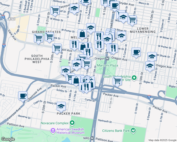 map of restaurants, bars, coffee shops, grocery stores, and more near 2849 South 16th Street in Philadelphia