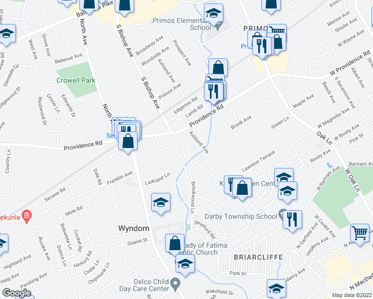 map of restaurants, bars, coffee shops, grocery stores, and more near 612 Ashland Avenue in Delaware County