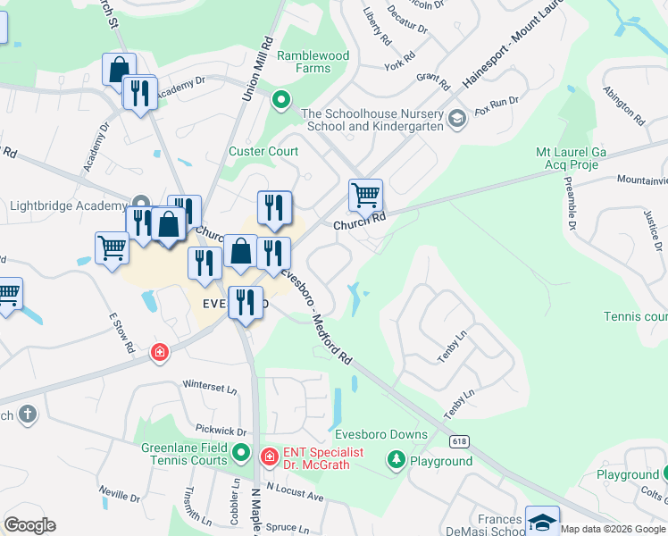 map of restaurants, bars, coffee shops, grocery stores, and more near 88 Hearthstone Lane in Evesham