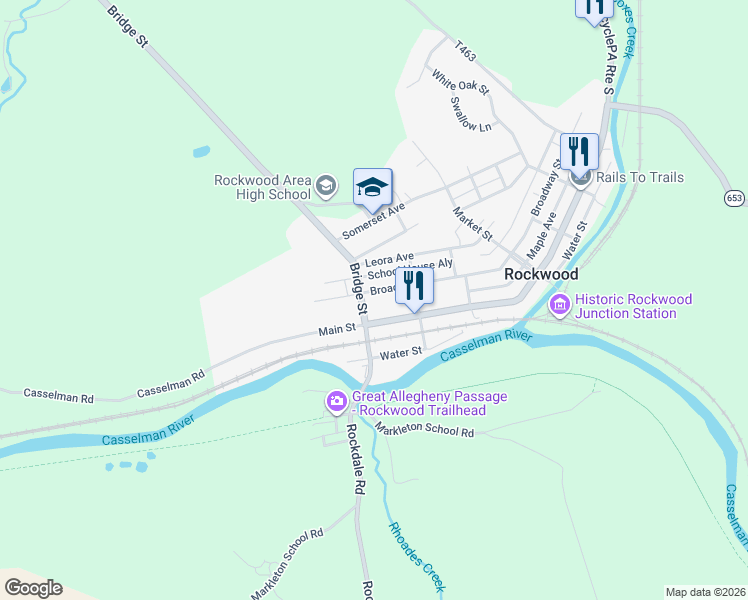 map of restaurants, bars, coffee shops, grocery stores, and more near 410 Broadway Street in Rockwood
