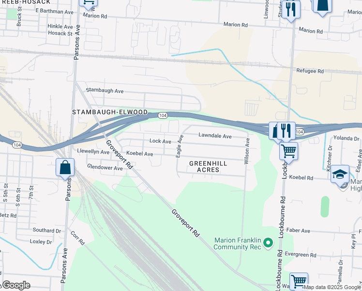 map of restaurants, bars, coffee shops, grocery stores, and more near 733 Lock Avenue in Columbus