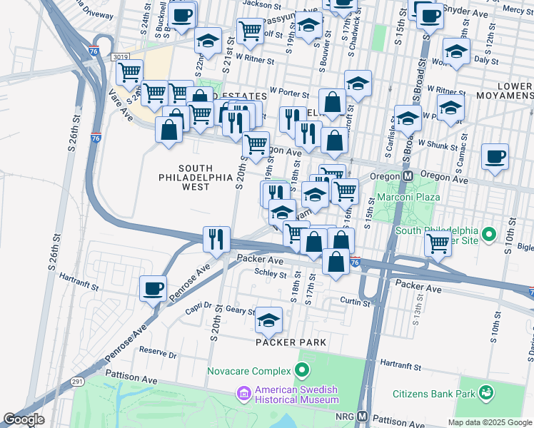 map of restaurants, bars, coffee shops, grocery stores, and more near 2917 South 19th Street in Philadelphia