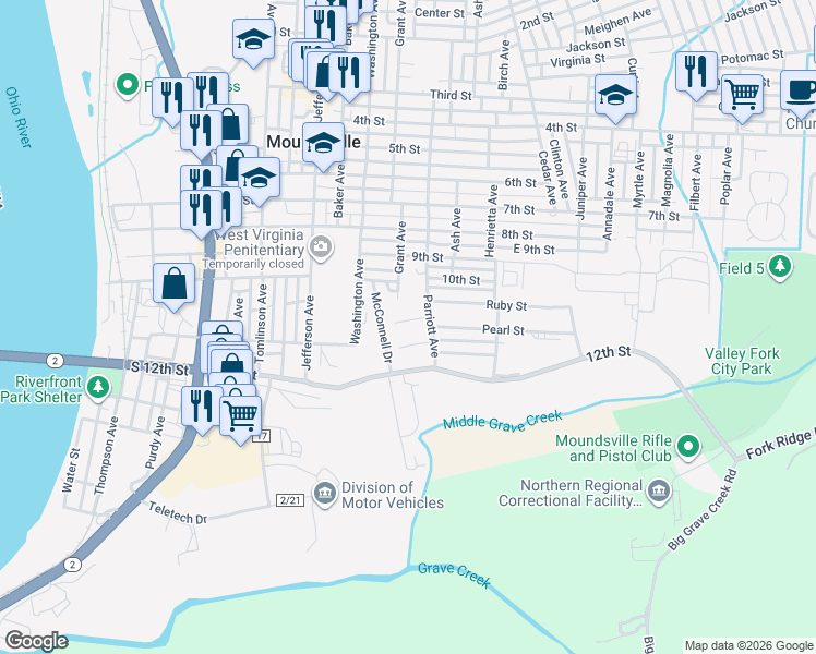 map of restaurants, bars, coffee shops, grocery stores, and more near 1207 Agnew St in Moundsville