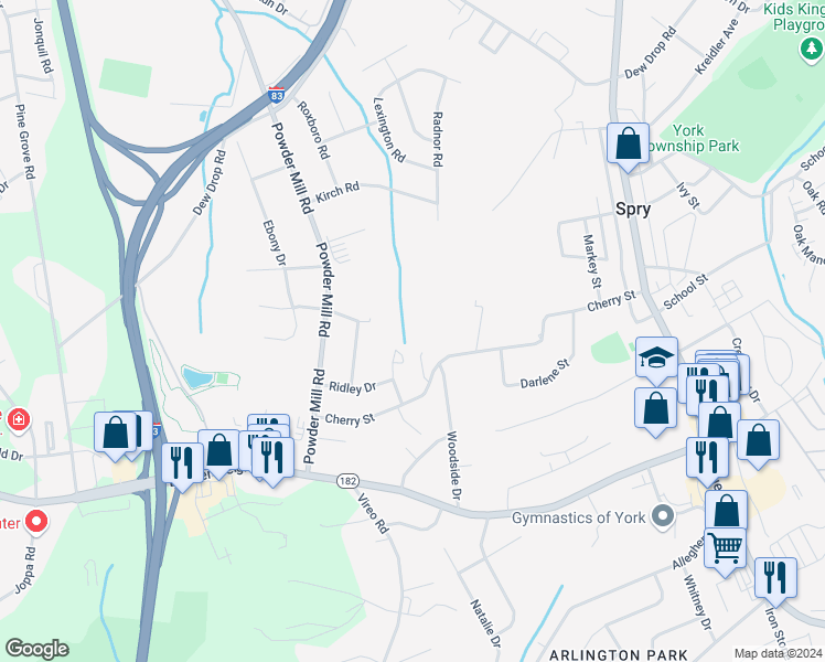 map of restaurants, bars, coffee shops, grocery stores, and more near 1951 Cherry Manor Drive in York