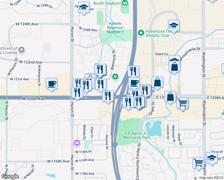 map of restaurants, bars, coffee shops, grocery stores, and more near 345 W 120th Ave in Denver