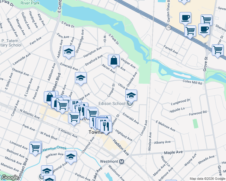 map of restaurants, bars, coffee shops, grocery stores, and more near 309 Cooper Street in Haddon Township