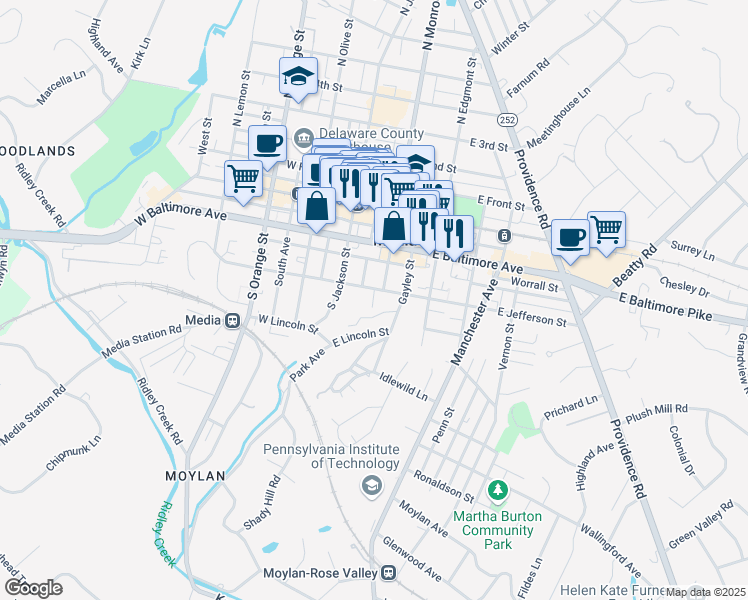map of restaurants, bars, coffee shops, grocery stores, and more near 40 East Jefferson Street in Media