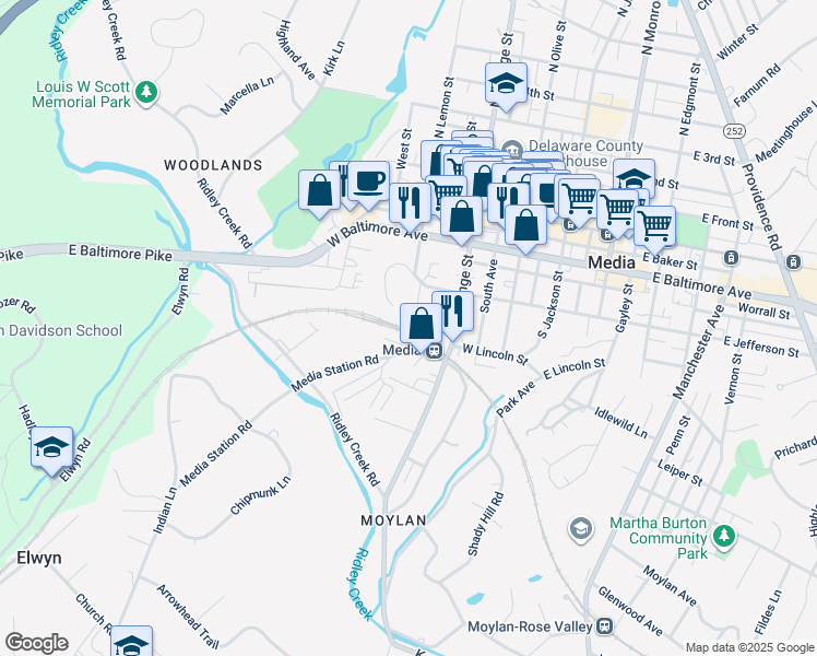 map of restaurants, bars, coffee shops, grocery stores, and more near 459 West Jefferson Street in Media