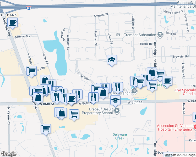 map of restaurants, bars, coffee shops, grocery stores, and more near 8810 Yardley Court in Indianapolis