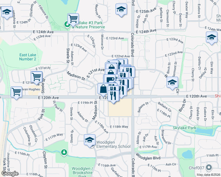 map of restaurants, bars, coffee shops, grocery stores, and more near 3801 East 120th Avenue in Thornton