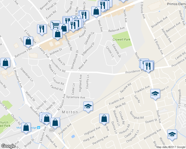 map of restaurants, bars, coffee shops, grocery stores, and more near 1152 Providence Road in Springfield
