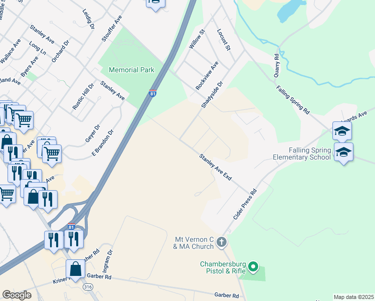 map of restaurants, bars, coffee shops, grocery stores, and more near 789 Rising Sun Lane in Chambersburg