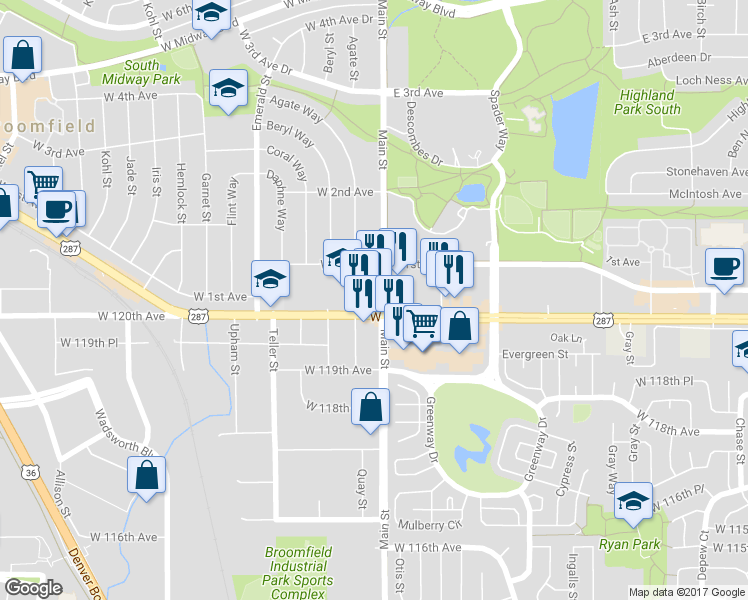 map of restaurants, bars, coffee shops, grocery stores, and more near 6801 W 120th Ave in Broomfield