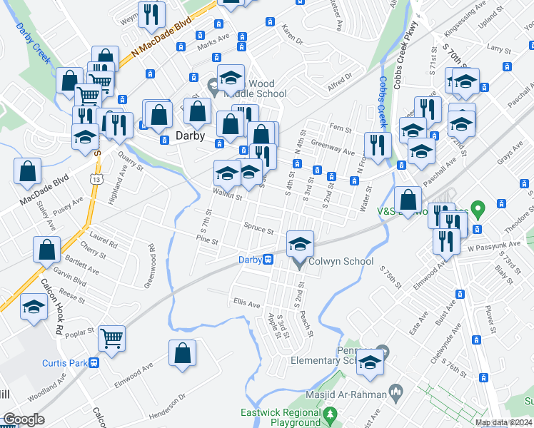 map of restaurants, bars, coffee shops, grocery stores, and more near 419 Franklin Street in Darby