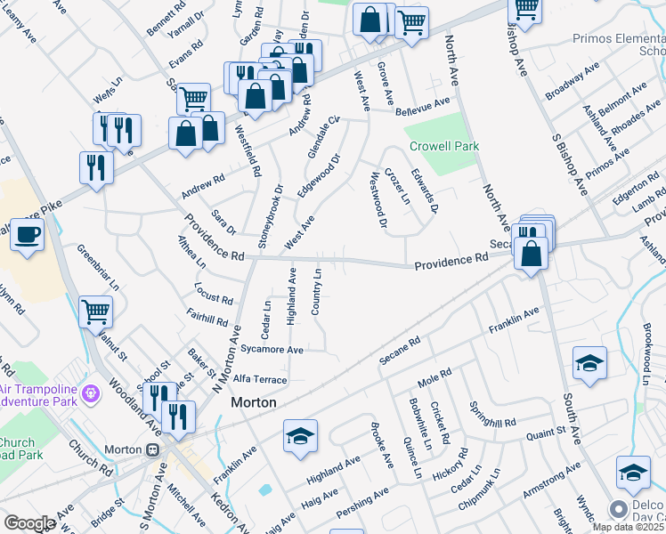map of restaurants, bars, coffee shops, grocery stores, and more near 1148 Providence Road in Springfield