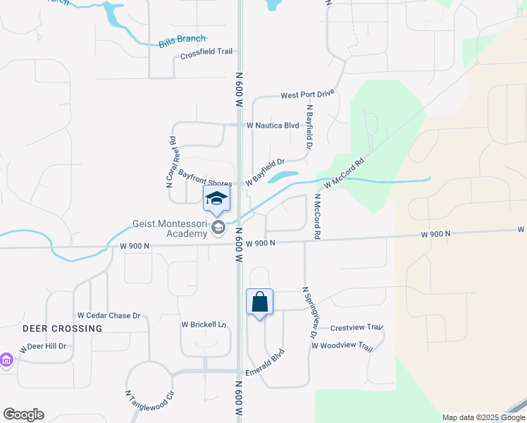 map of restaurants, bars, coffee shops, grocery stores, and more near 5916 West Falling Waters Drive in McCordsville