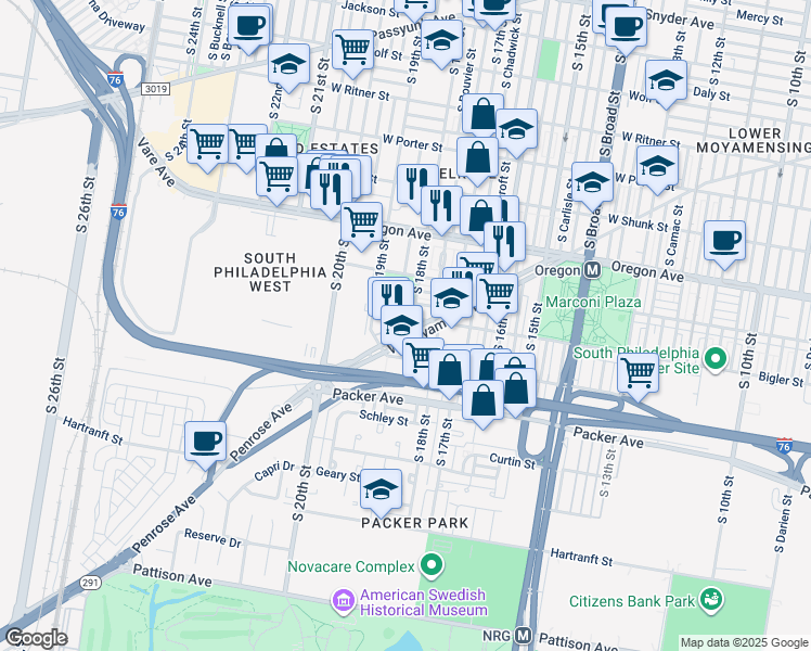 map of restaurants, bars, coffee shops, grocery stores, and more near 2906 South 18th Street in Philadelphia