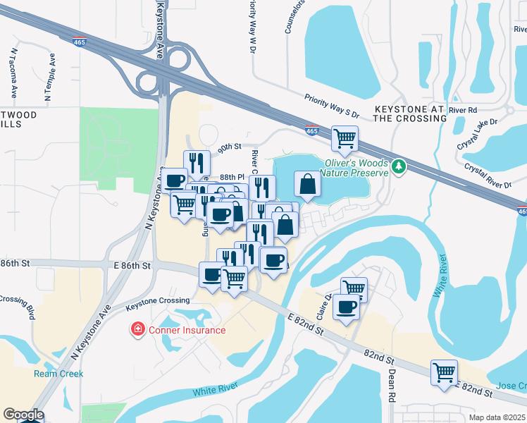 map of restaurants, bars, coffee shops, grocery stores, and more near 8711 River Crossing Boulevard in Indianapolis
