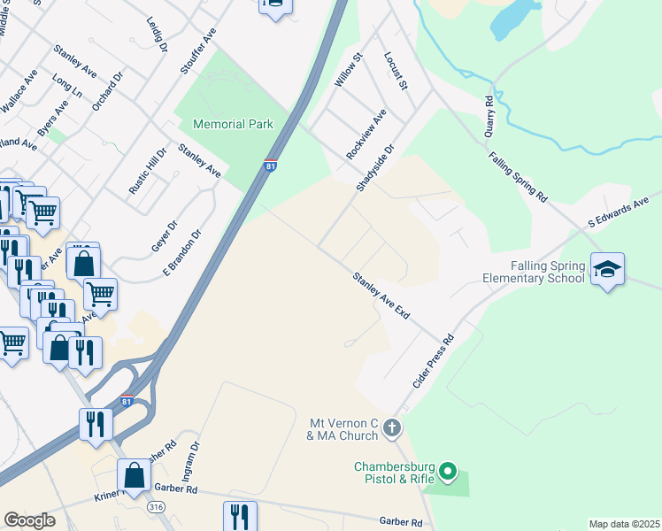 map of restaurants, bars, coffee shops, grocery stores, and more near 789 Rising Sun Lane in Chambersburg
