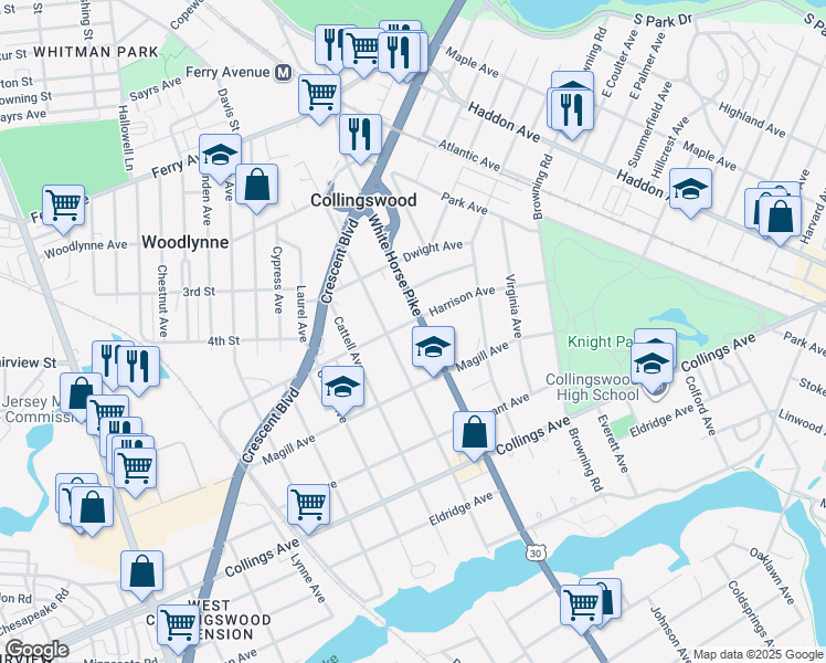 map of restaurants, bars, coffee shops, grocery stores, and more near 300 White Horse Pike in Collingswood