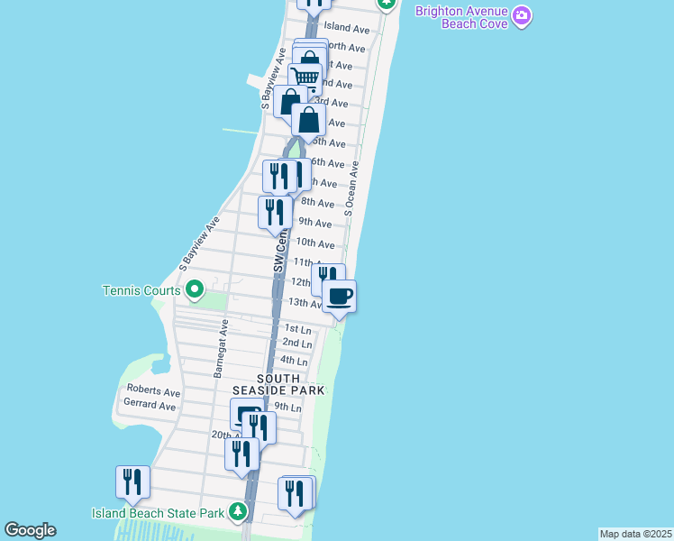 map of restaurants, bars, coffee shops, grocery stores, and more near 15 11th Avenue in Seaside Park