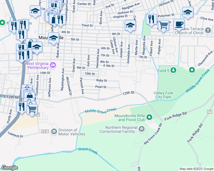 map of restaurants, bars, coffee shops, grocery stores, and more near 1613 Ruby St in Moundsville