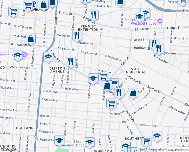 map of restaurants, bars, coffee shops, grocery stores, and more near 733 York Street in Springfield