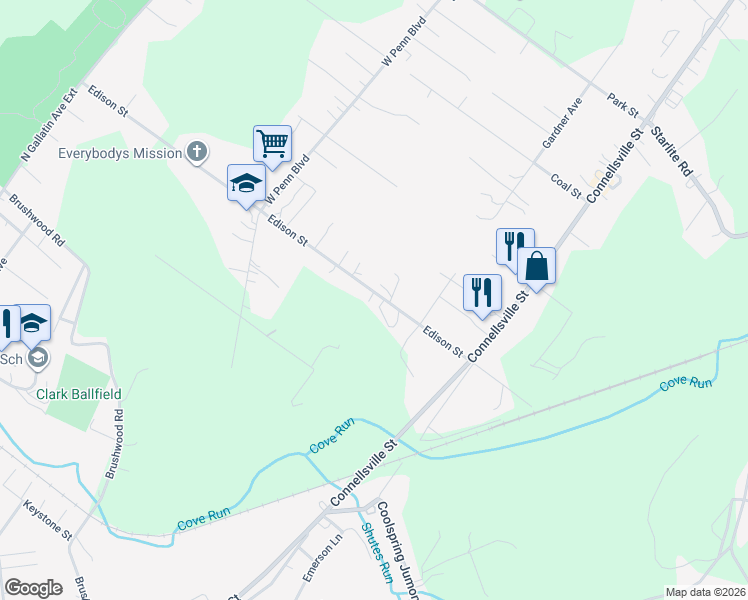 map of restaurants, bars, coffee shops, grocery stores, and more near 265 Edison Street in Uniontown
