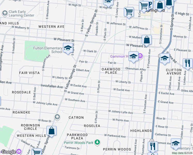 map of restaurants, bars, coffee shops, grocery stores, and more near 420-430 West Liberty Street in Springfield