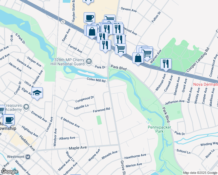 map of restaurants, bars, coffee shops, grocery stores, and more near Grove St & Pardee Ln in Haddonfield