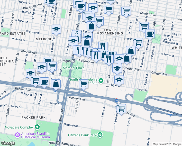 map of restaurants, bars, coffee shops, grocery stores, and more near 1204 Johnston Street in Philadelphia