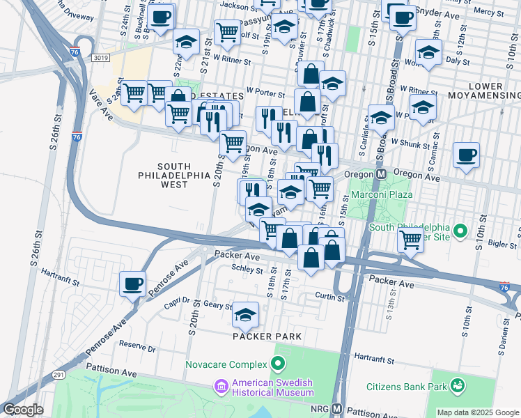 map of restaurants, bars, coffee shops, grocery stores, and more near 2906 South 18th Street in Philadelphia
