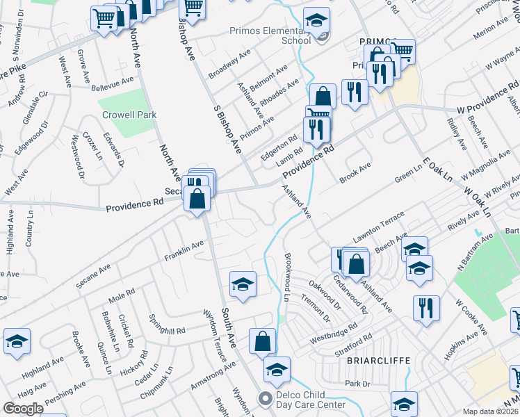map of restaurants, bars, coffee shops, grocery stores, and more near 1115 Wynnbrook Road in Delaware County