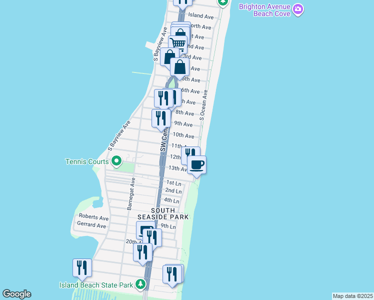 map of restaurants, bars, coffee shops, grocery stores, and more near 15 11th Avenue in Seaside Park