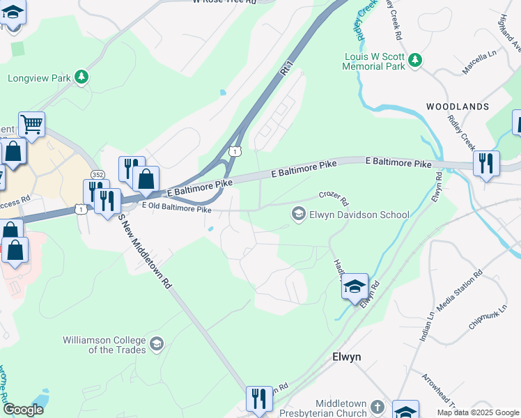 map of restaurants, bars, coffee shops, grocery stores, and more near 68 East Old Baltimore Pike in Media