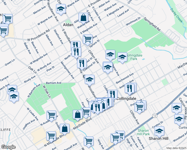 map of restaurants, bars, coffee shops, grocery stores, and more near in Collingdale