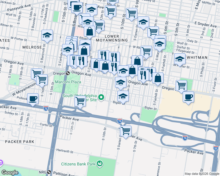 map of restaurants, bars, coffee shops, grocery stores, and more near 2734 South 10th Street in Philadelphia