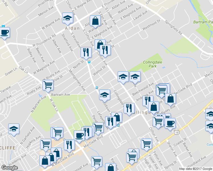 map of restaurants, bars, coffee shops, grocery stores, and more near 914 Bartram Avenue in Collingdale