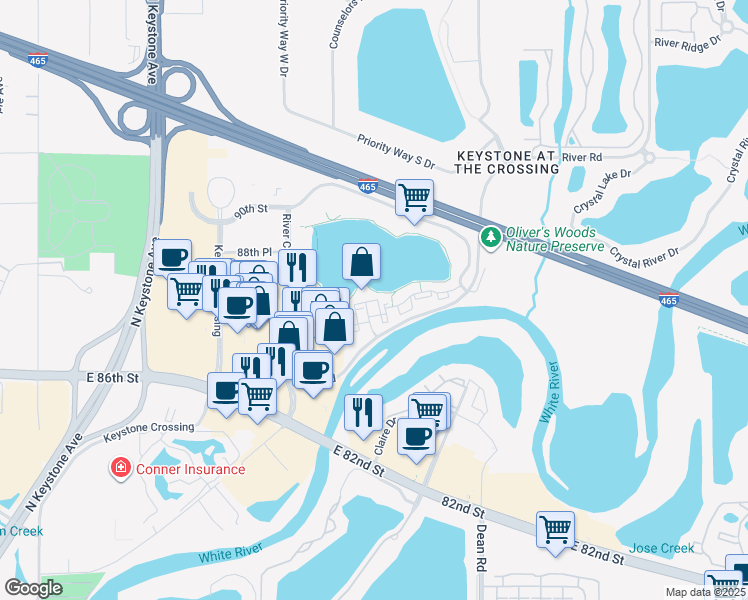 map of restaurants, bars, coffee shops, grocery stores, and more near 8722 Knickerbocker Way in Indianapolis