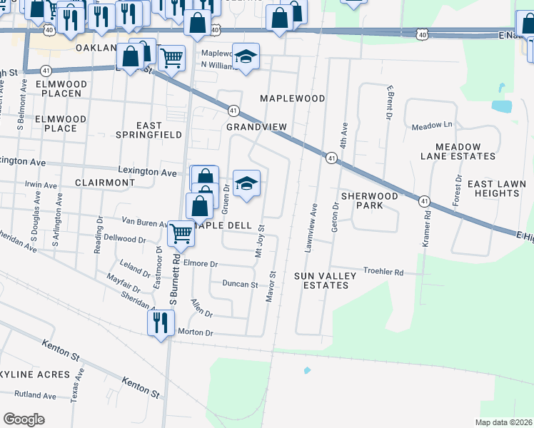 map of restaurants, bars, coffee shops, grocery stores, and more near 501 Reames Avenue in Springfield