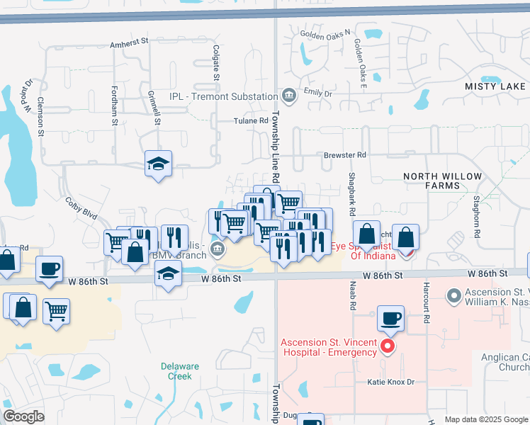 map of restaurants, bars, coffee shops, grocery stores, and more near 8733 Arborway Court in Indianapolis