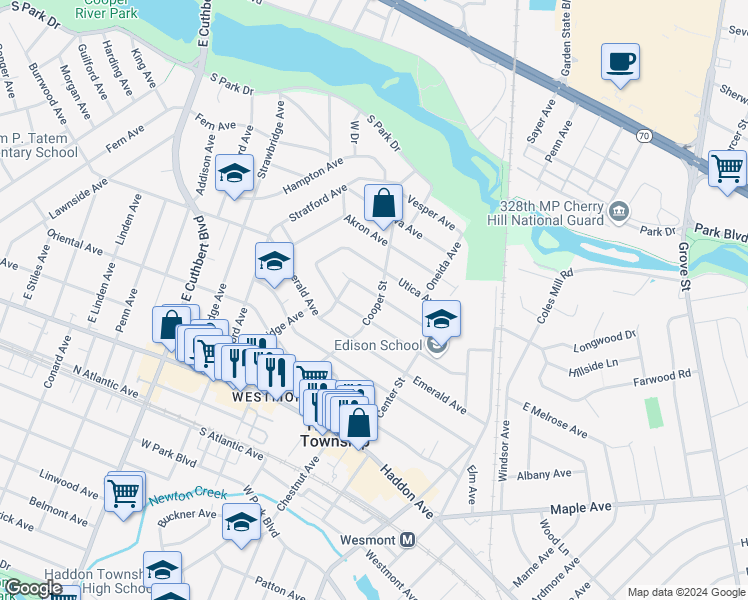 map of restaurants, bars, coffee shops, grocery stores, and more near 309 Cooper Street in Haddon Township