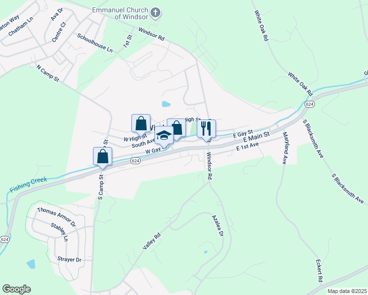 map of restaurants, bars, coffee shops, grocery stores, and more near 34 West Main Street in Windsor