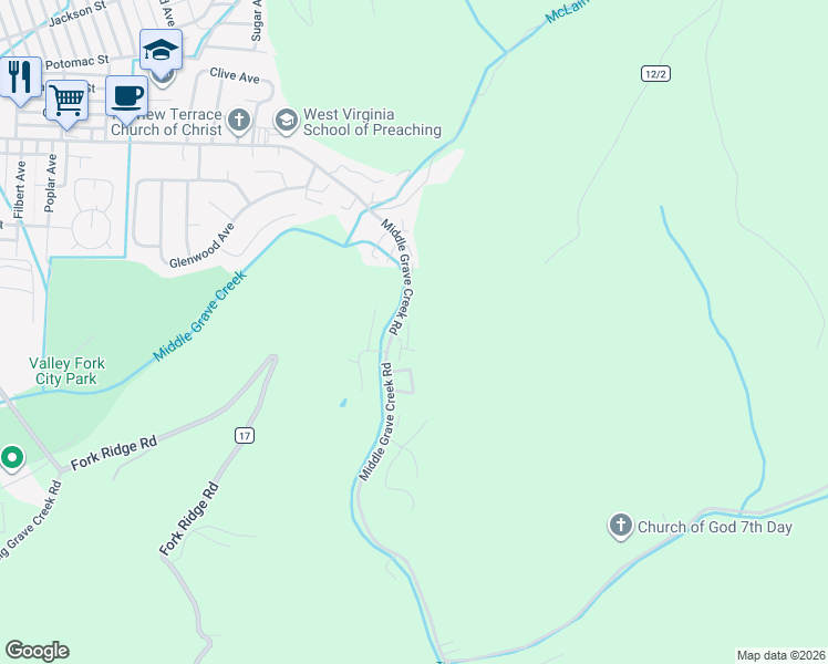 map of restaurants, bars, coffee shops, grocery stores, and more near Middle Grave Creek Road in Moundsville