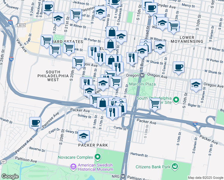 map of restaurants, bars, coffee shops, grocery stores, and more near 2844 South Smedley Street in Philadelphia