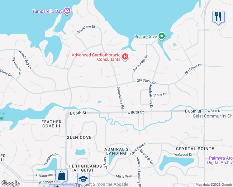map of restaurants, bars, coffee shops, grocery stores, and more near 8718 Promontory Road in Indianapolis
